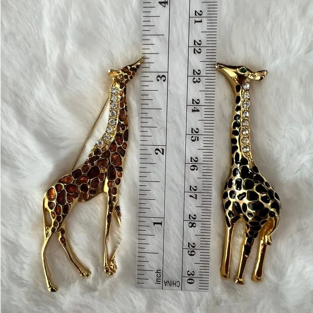 A Set of Two Estate Found Gold Tone Vintage Sparkly Rhinestone Giraffe Brooches